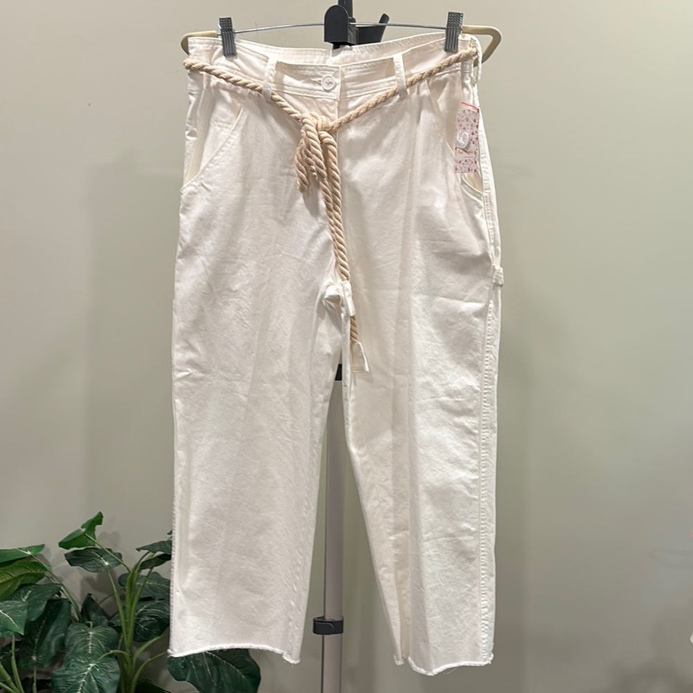 Free People White Painters Carpenter Pants with Rope Belt & Raw Hem NWT